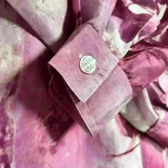 VINTAGE 90s 100% Pure Silk Pink Floral Button Up Blouse White Stitch Women Smal - Picture 7 of 11